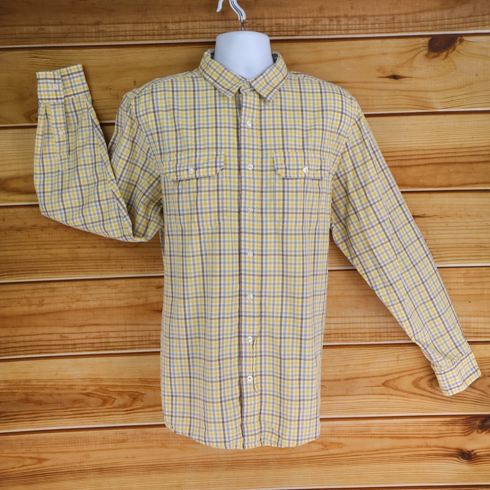 Old Navy Long Sleeve Button Up Shirt Mens Sz XL Yellow Plaid 100% Cotton Pockets